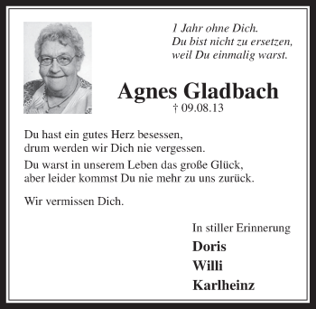 Anzeige von Agnes Gladbach von  Wochenende 