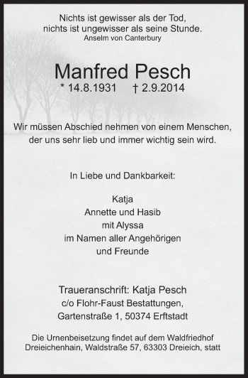 Traueranzeigen Von Manfred Pesch WirTrauern