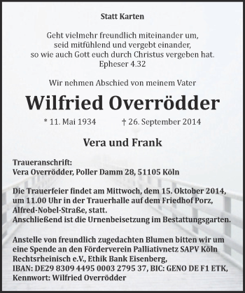 Traueranzeigen von Wilfried Overrödder WirTrauern