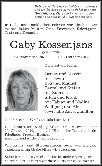 Traueranzeigen Von Gaby Kossenjans WirTrauern