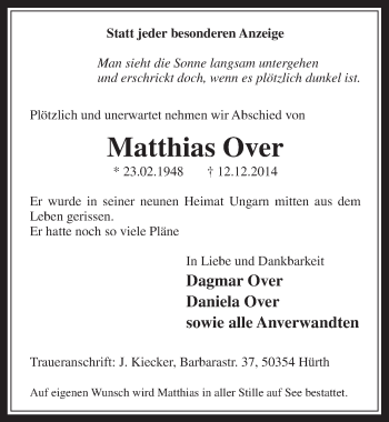 Traueranzeigen Von Matthias Over Wirtrauern