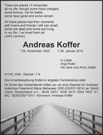 Traueranzeigen Von Andreas Koffer WirTrauern