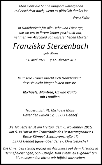 Traueranzeigen Von Franziska Sterzenbach Wirtrauern