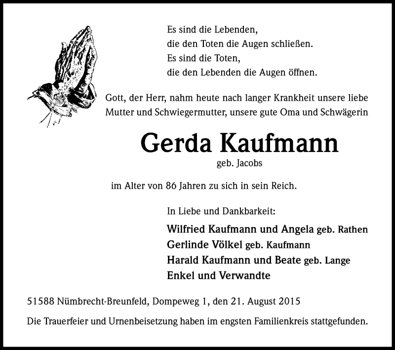 Traueranzeigen Von Gerda Kaufmann Wirtrauern