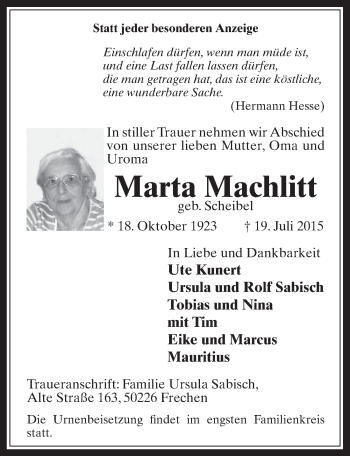 Traueranzeigen Von Marta Machlitt Wirtrauern