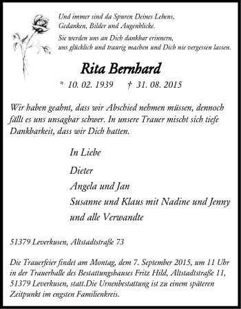 Traueranzeigen Von Rita Bernhard WirTrauern