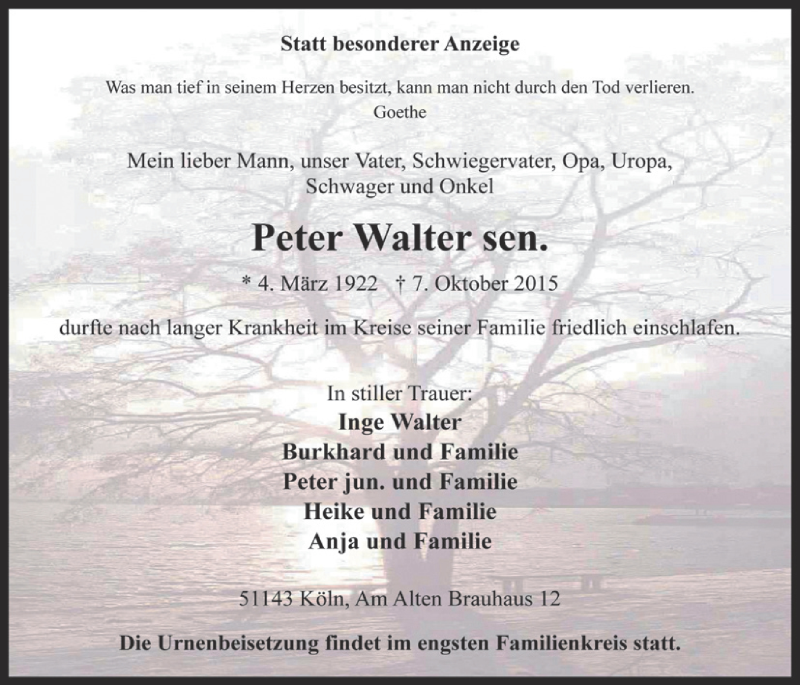 Traueranzeigen Von Peter Walter WirTrauern