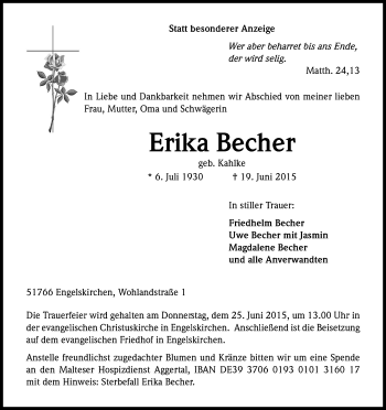 Traueranzeigen Von Erika Becher Wirtrauern