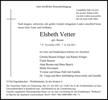 Traueranzeigen Von Elsbeth Vetter WirTrauern