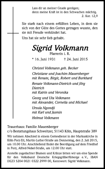 Traueranzeigen Von Sigrid Volkmann Wirtrauern