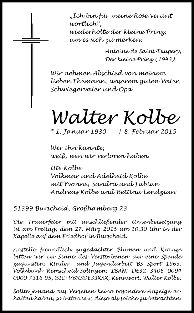 Traueranzeigen Von Walter Kolbe Wirtrauern