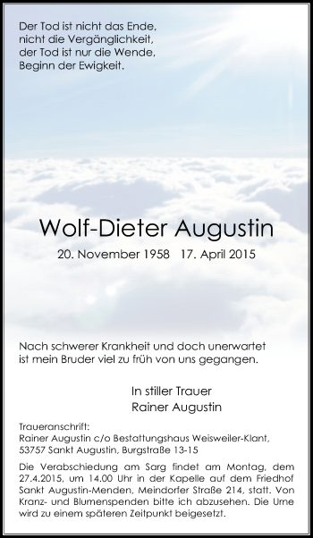 Anzeige von Wolf-Dieter Augustin von Kölner Stadt-Anzeiger / Kölnische Rundschau / Express