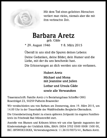 Traueranzeigen Von Barbara Aretz WirTrauern