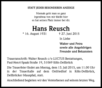 Traueranzeigen Von Hans Reusch Wirtrauern