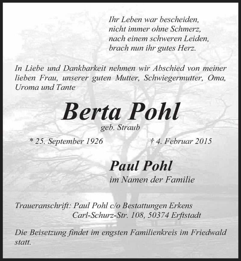 Traueranzeigen Von Berta Pohl Wirtrauern