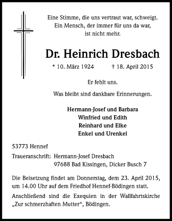 Traueranzeigen Von Heinrich Dresbach Wirtrauern