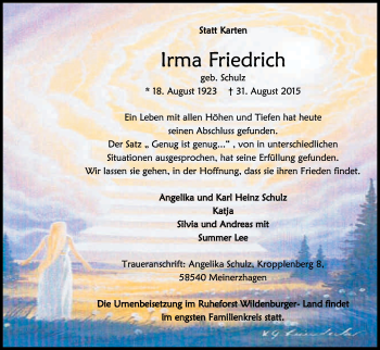 Traueranzeigen Von Irma Friedrich WirTrauern