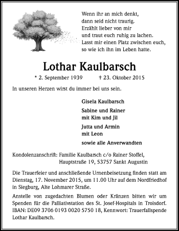 Traueranzeigen Von Lothar Kaulbarsch Wirtrauern