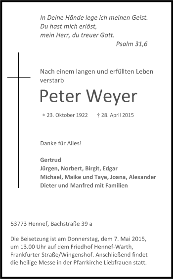 Traueranzeigen Von Peter Weyer WirTrauern