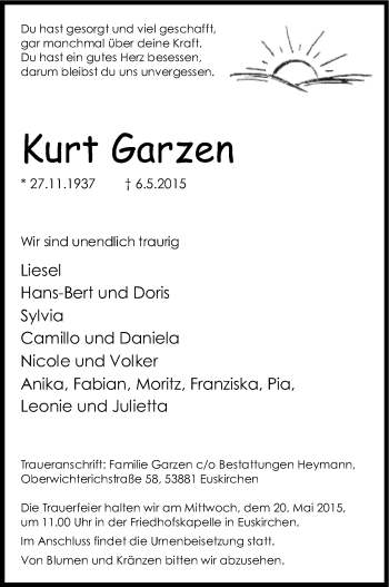 Anzeige von Kurt Garzen von Kölner Stadt-Anzeiger / Kölnische Rundschau / Express