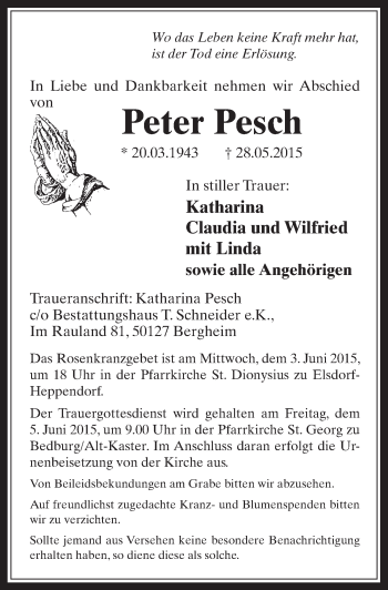 Traueranzeigen Von Peter Pesch Wirtrauern