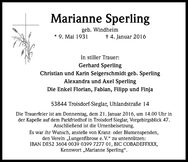 Traueranzeigen Von Marianne Sperling WirTrauern