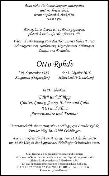 Traueranzeigen Von Otto Rohde WirTrauern