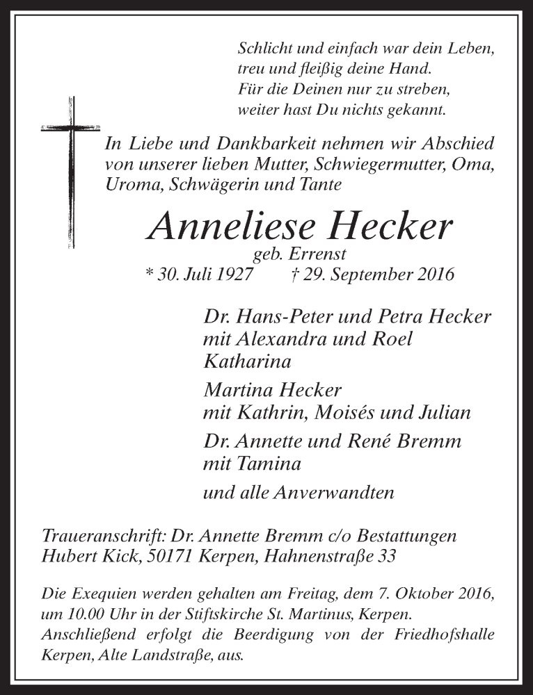 Traueranzeigen Von Anneliese Hecker Wirtrauern