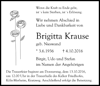 Traueranzeigen Von Brigitta Krause WirTrauern