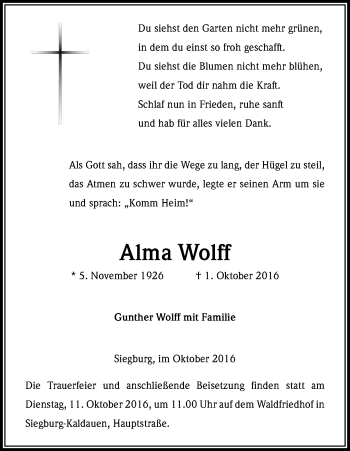 Traueranzeigen Von Alma Wolff Wirtrauern