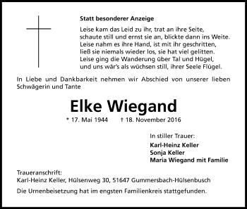 Traueranzeigen Von Elke Wiegand WirTrauern