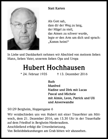 Traueranzeigen Von Hubert Hochhausen Wirtrauern