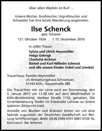 Traueranzeigen Von Ilse Schenck WirTrauern