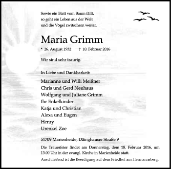 Traueranzeigen Von Maria Grimm WirTrauern