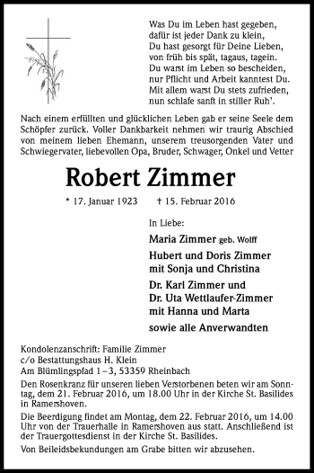 Traueranzeigen Von Robert Zimmer Wirtrauern