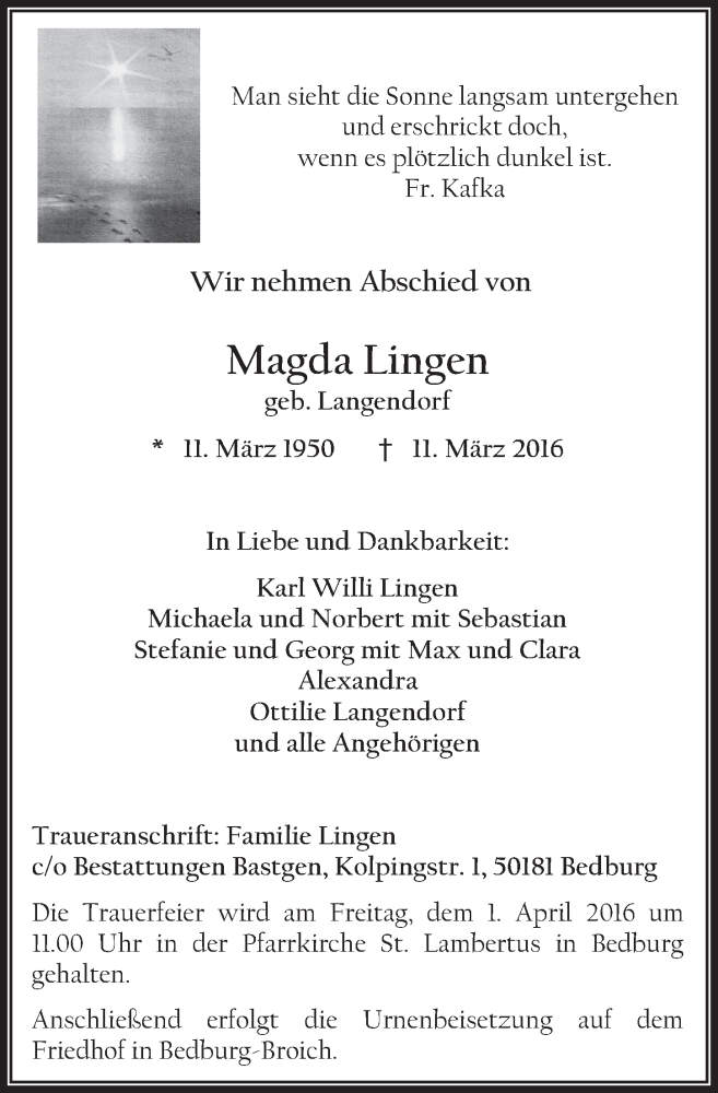 Traueranzeigen Von Magda Lingen Wirtrauern