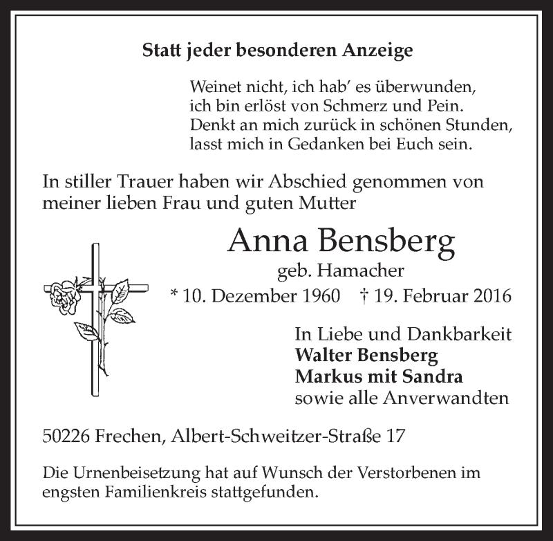 Traueranzeigen Von Anna Bensberg WirTrauern