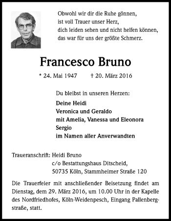 Traueranzeigen Von Francesco Bruno Wirtrauern