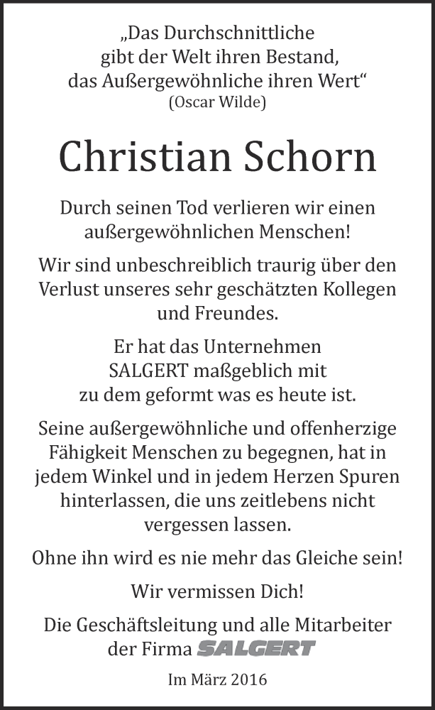 Traueranzeigen Von Christian Schorn WirTrauern