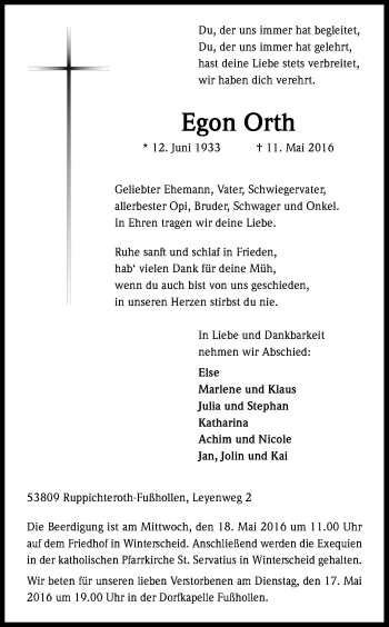 Traueranzeigen Von Egon Orth Wirtrauern