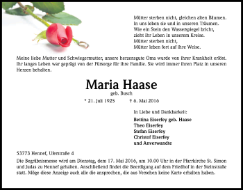 Traueranzeigen Von Maria Haase Wirtrauern