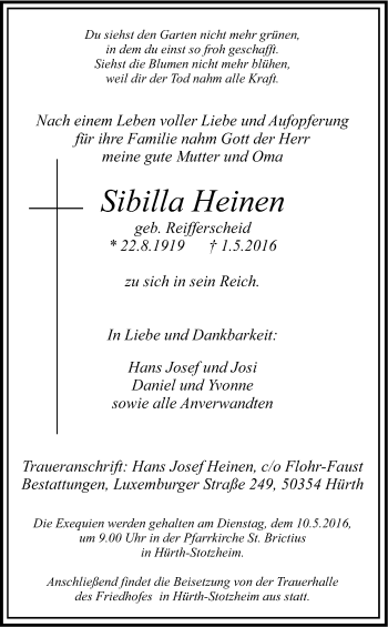 Traueranzeigen Von Sibilla Heinen Wirtrauern