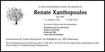Anzeige von Renate Xanthopoulos von Kölner Stadt-Anzeiger / Kölnische Rundschau / Express