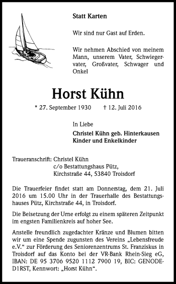 Traueranzeigen von Horst Kühn WirTrauern