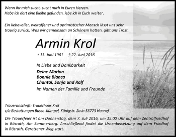 Traueranzeigen Von Armin Krol Wirtrauern