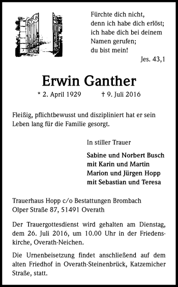 Traueranzeigen Von Erwin Ganther Wirtrauern