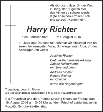 Traueranzeigen Von Harry Richter Wirtrauern