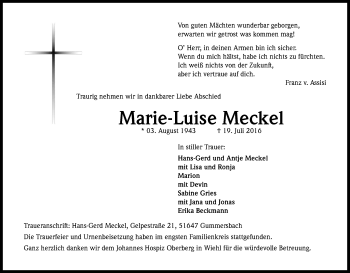 Traueranzeigen Von Marie Luise Meckel Wirtrauern