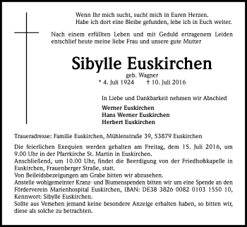 Anzeige von Sibylle Euskirchen von Kölner Stadt-Anzeiger / Kölnische Rundschau / Express