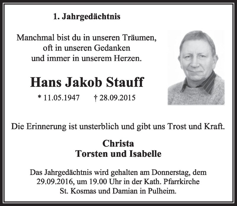 Traueranzeigen Von Hans Jakob Stauff WirTrauern